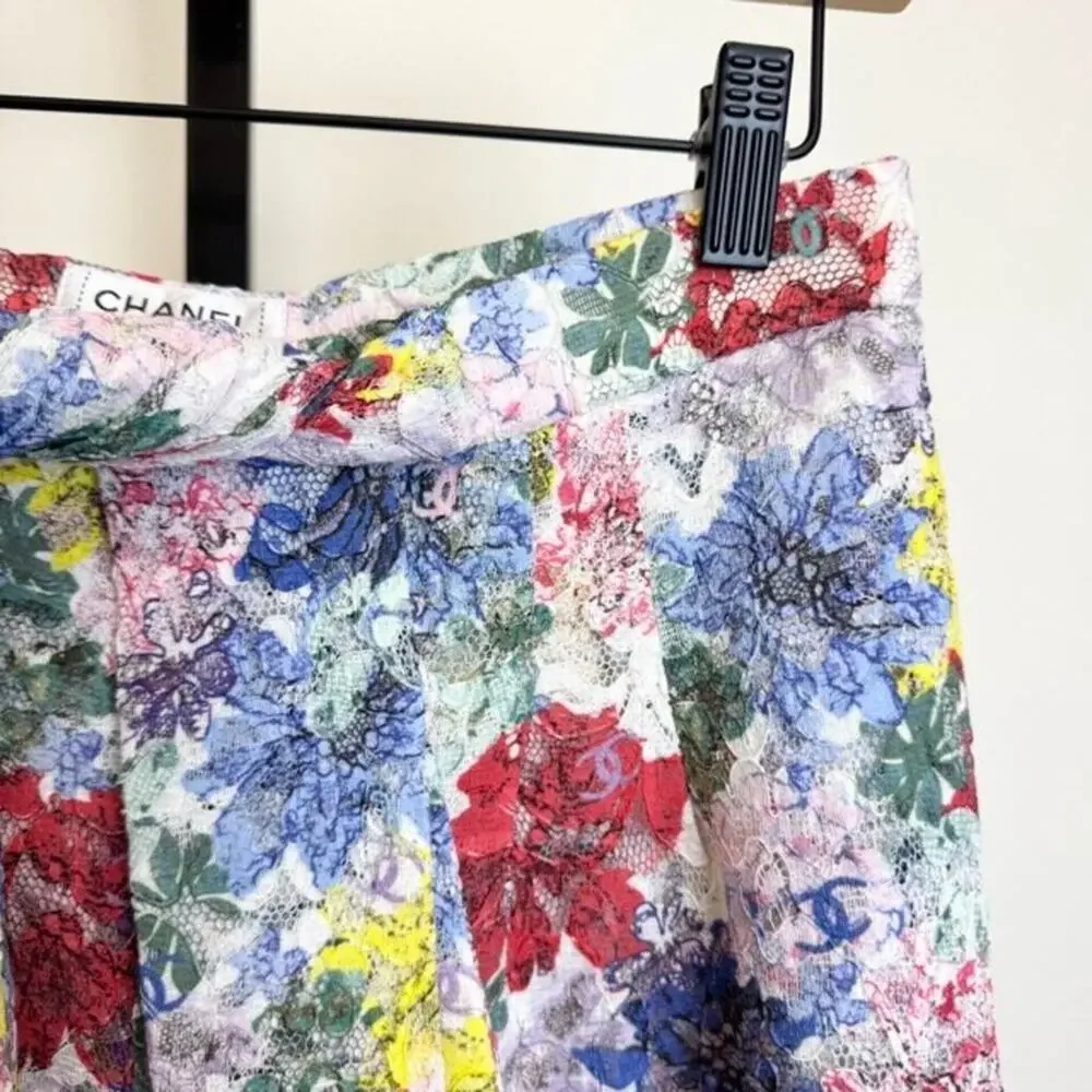 CHANEL Multicolor Floral Lace Front Tie Wide Leg Pants 36 CC Logo Zip Colorful